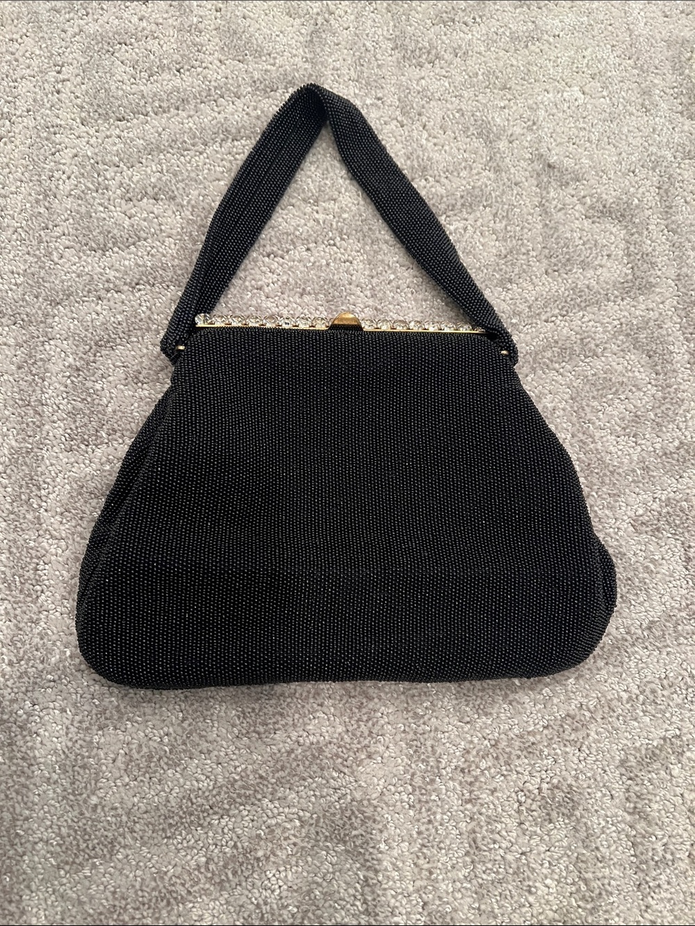1950s vintage Classic Black Beaded Evening Bag with Gold Frame